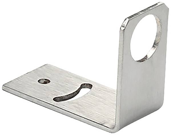 Équerre métallique avec deux trous, l'un rond sur le côté vertical et l'autre en forme de fente dans la partie horizontale.