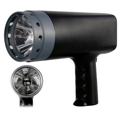 Lampe de poche industrielle portative noire ou projecteur avec une grande tête cylindrique, présentée de côté et de face sur un fond blanc.