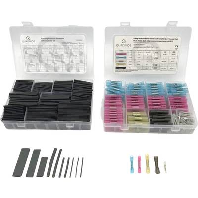 Deux boîtes en plastique ouvertes : À gauche se trouvent des gaines thermorétractables de différentes tailles. À droite sont rangées des bornes de connexion isolées de différentes couleurs.