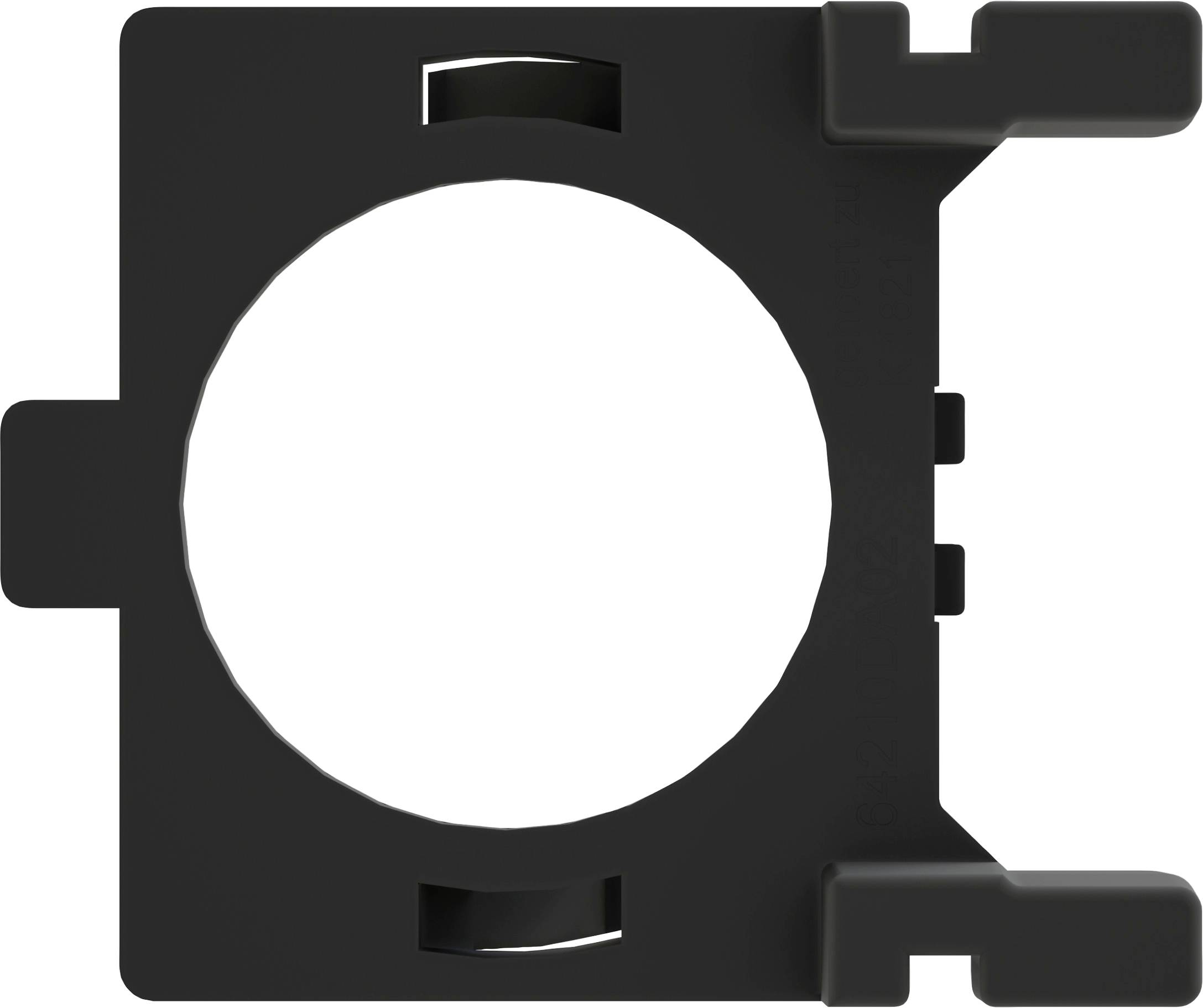 Une pièce en plastique noir carrée avec un grand trou rond au centre et plusieurs éléments en saillie aux coins.