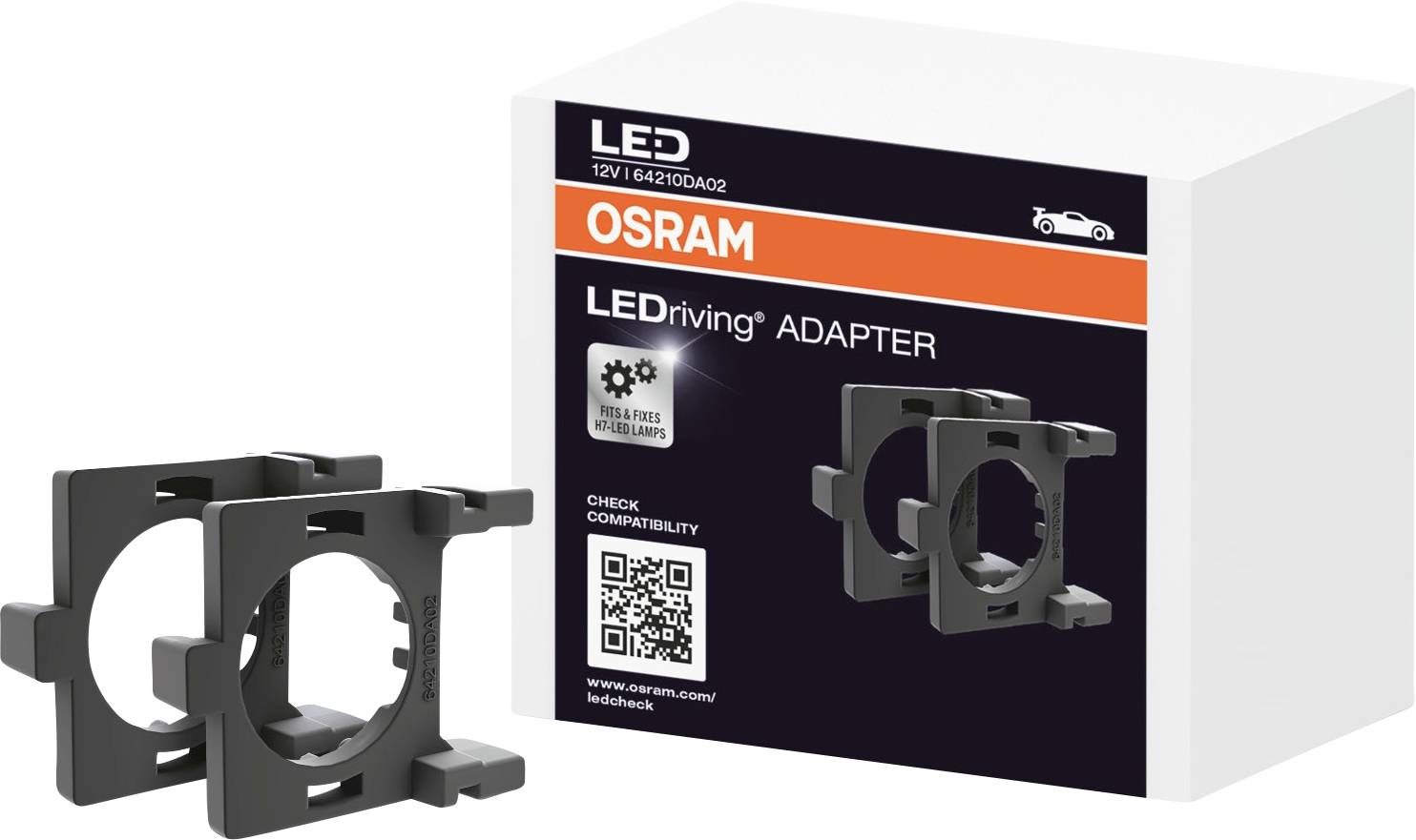 Emballage d'un adaptateur OSRAM LEDriving avec symbole automobile et code QR pour vérifier la compatibilité. Contient deux adaptateurs en plastique.