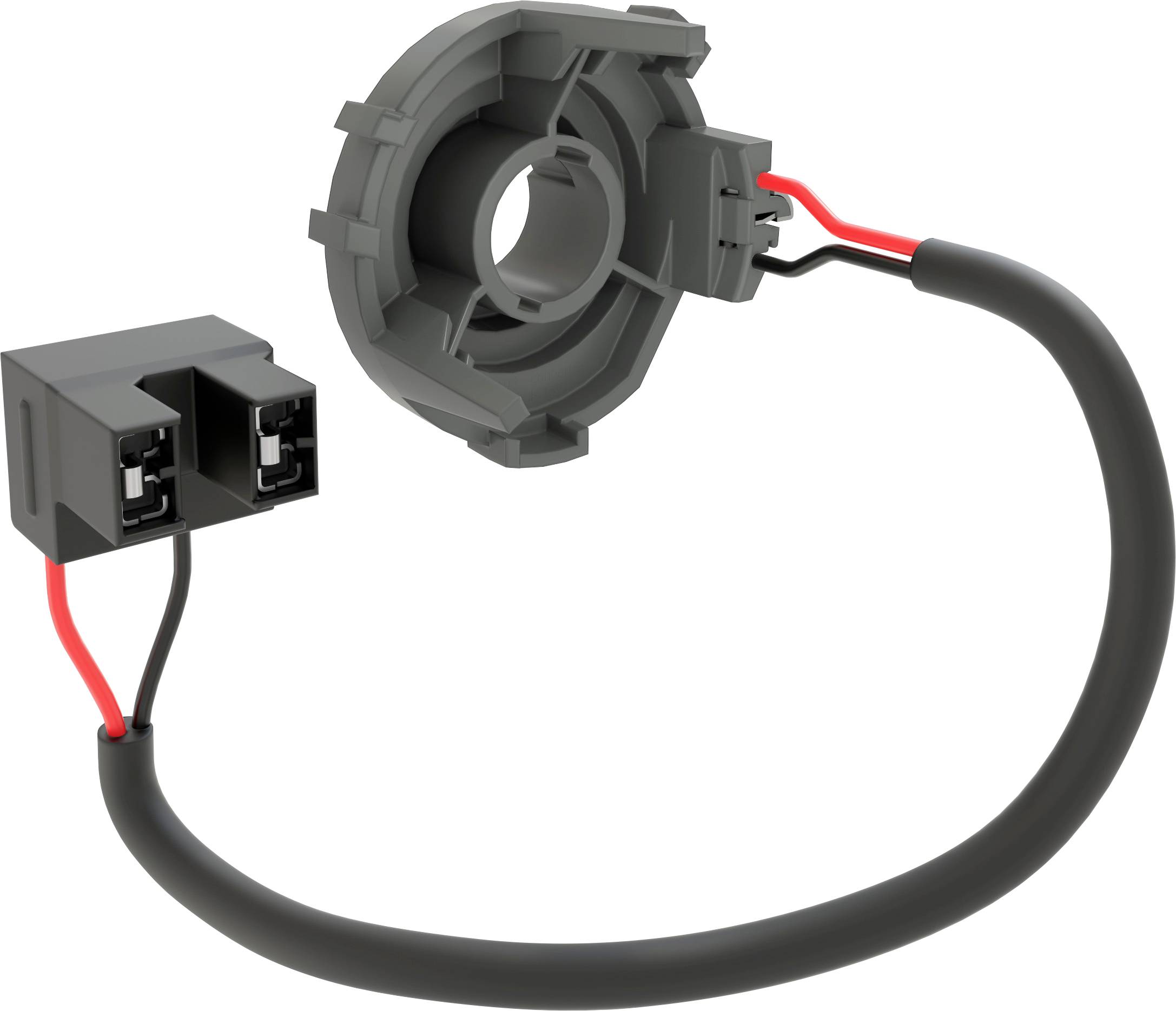 Un adaptateur de câble noir avec deux connexions et un module de connexion rond. Relie les composants d'un système électrique.