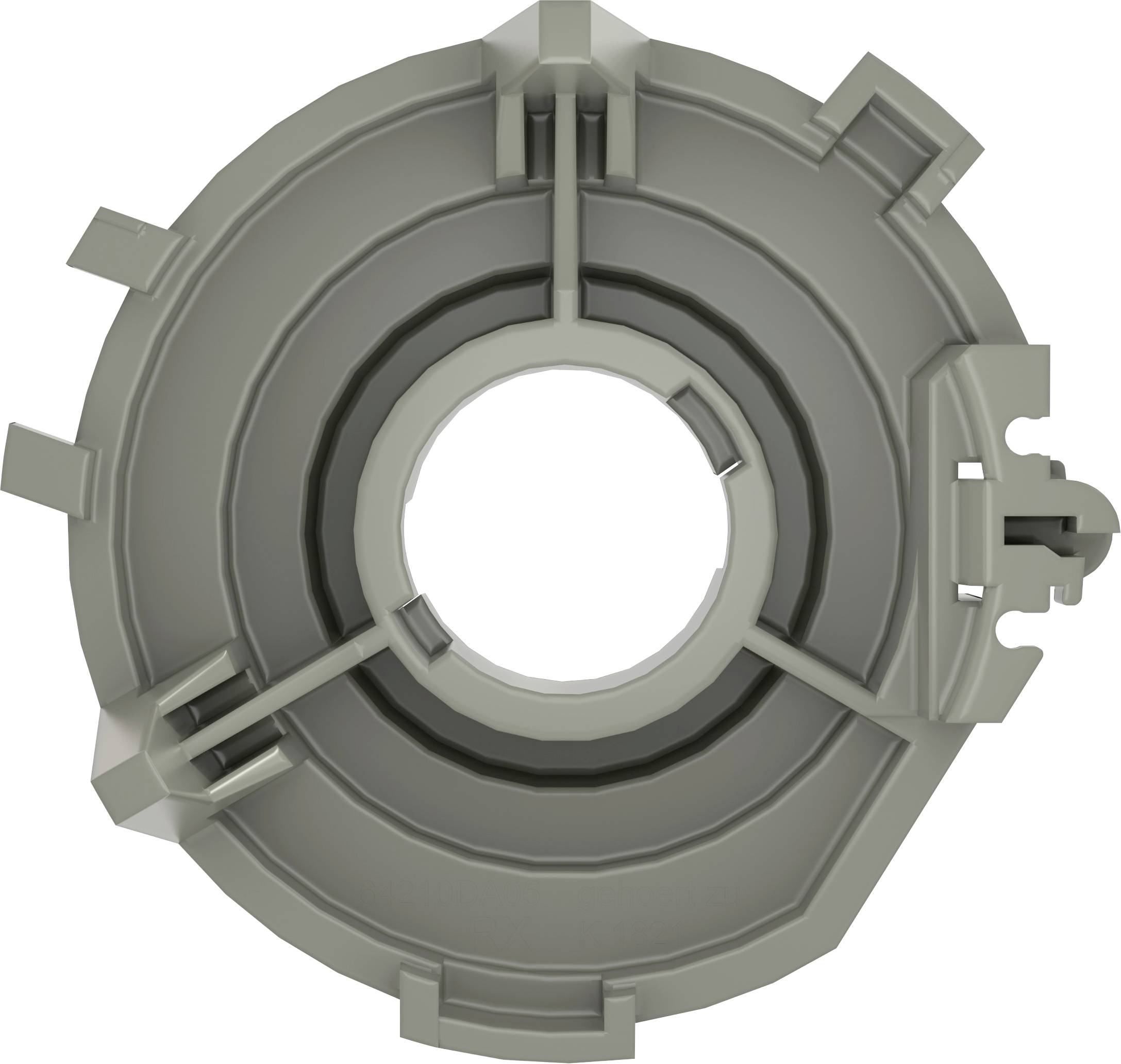Un composant en plastique gris, de forme circulaire, présentant plusieurs encoches radiales et des clips, ressemblant à un élément de connexion technique.