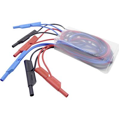 'Cordons de mesure avec fiches bananes de différentes couleurs (rouge, noir, bleu) et pinces crocodile isolées, rangés dans un boîtier en plastique.'