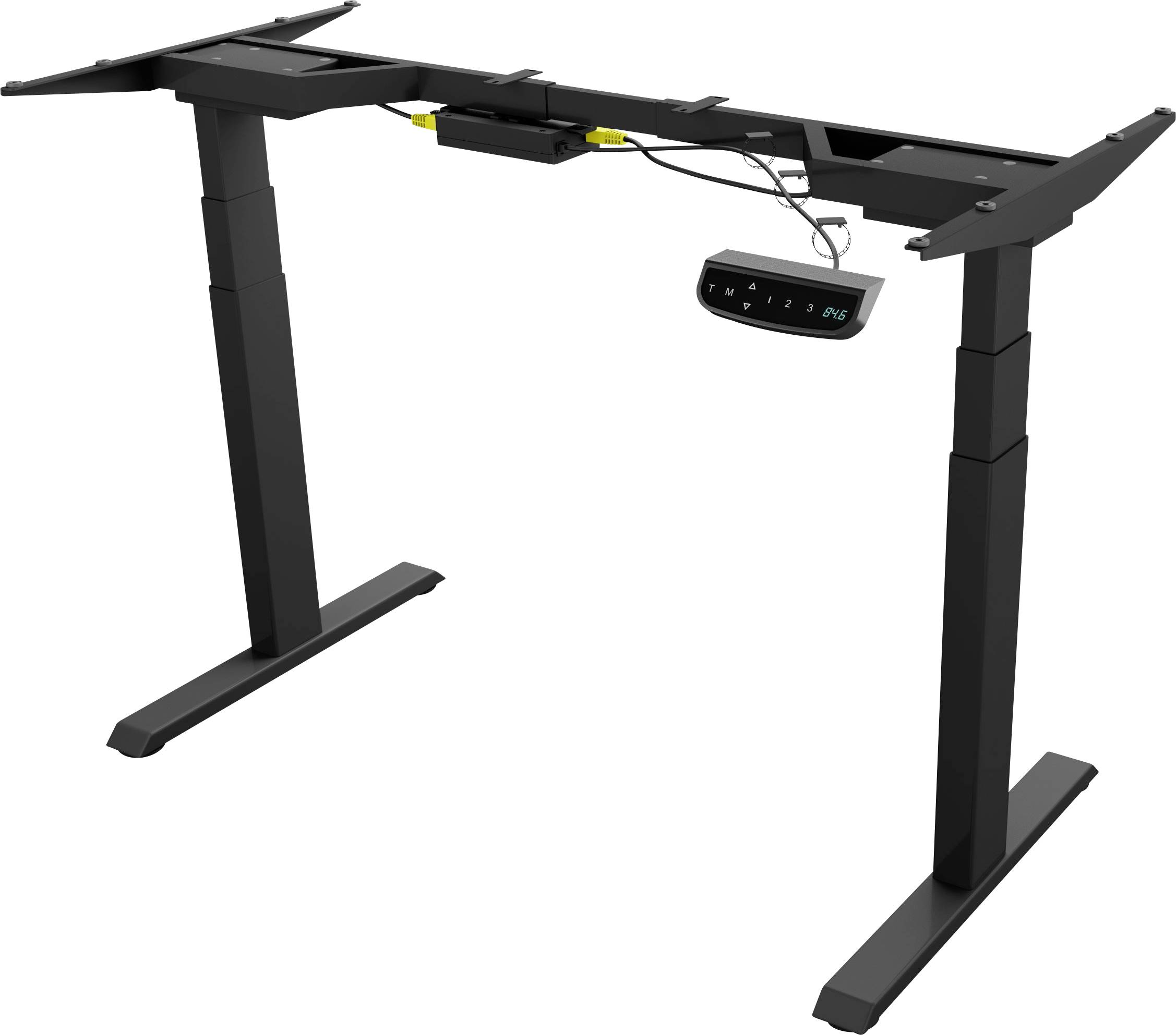 Cadre de bureau réglable en hauteur de couleur noire, équipé d'un dispositif électronique de commande pour ajuster la hauteur de la table.