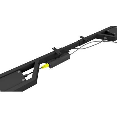 Un cadre métallique noir avec des câbles et une fiche jaune. Le cadre contient des éléments de fixation et de connexion.