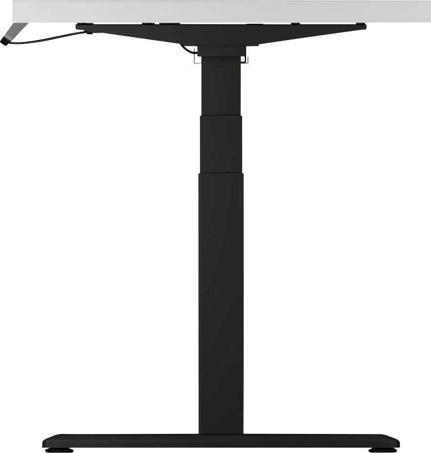 Un bureau à hauteur réglable en vue latérale, avec une base noire et un plateau rectangulaire blanc.