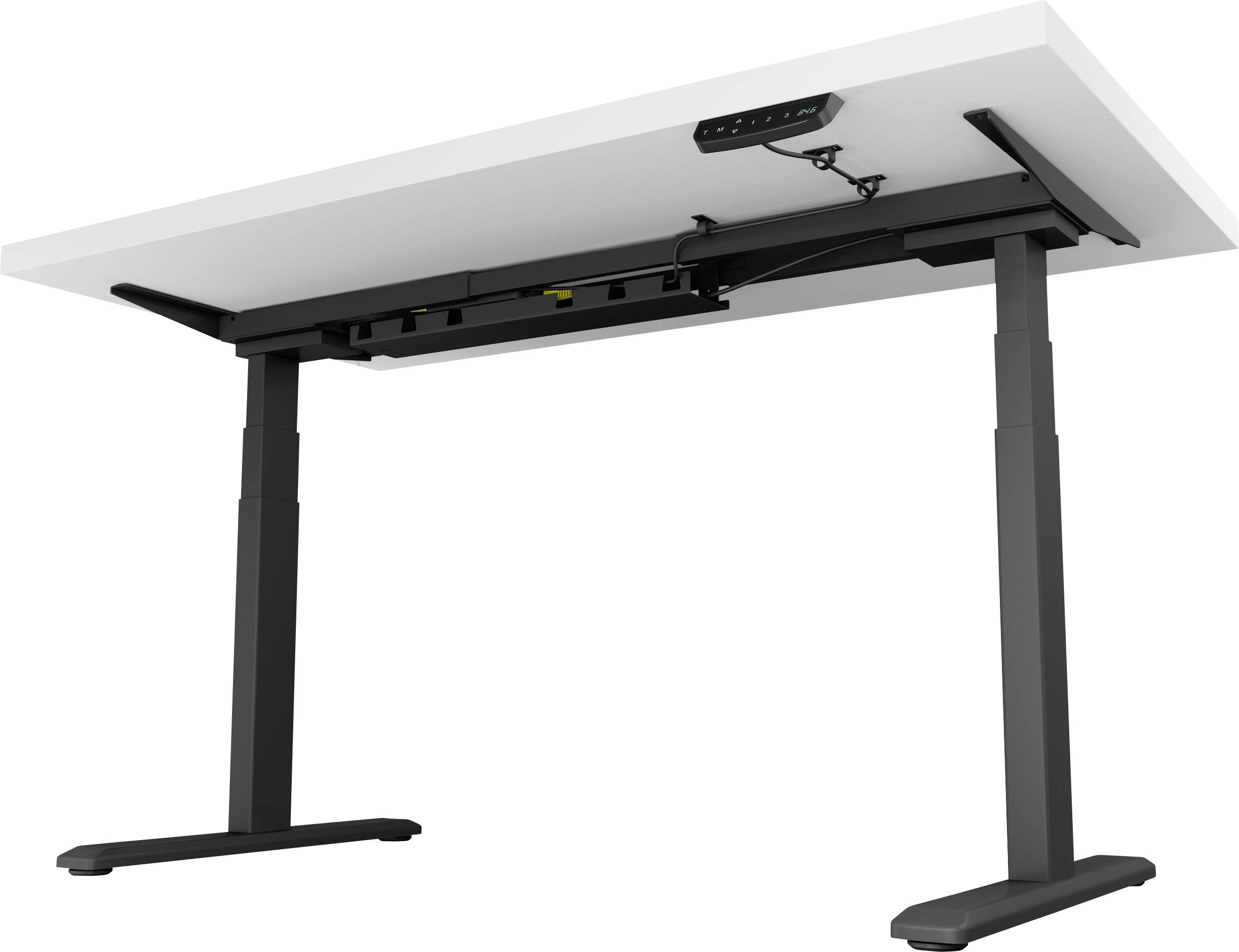 Un bureau à hauteur réglable avec un châssis noir et un plateau blanc. Panneau de commande électronique visible pour l'ajustement de la hauteur.