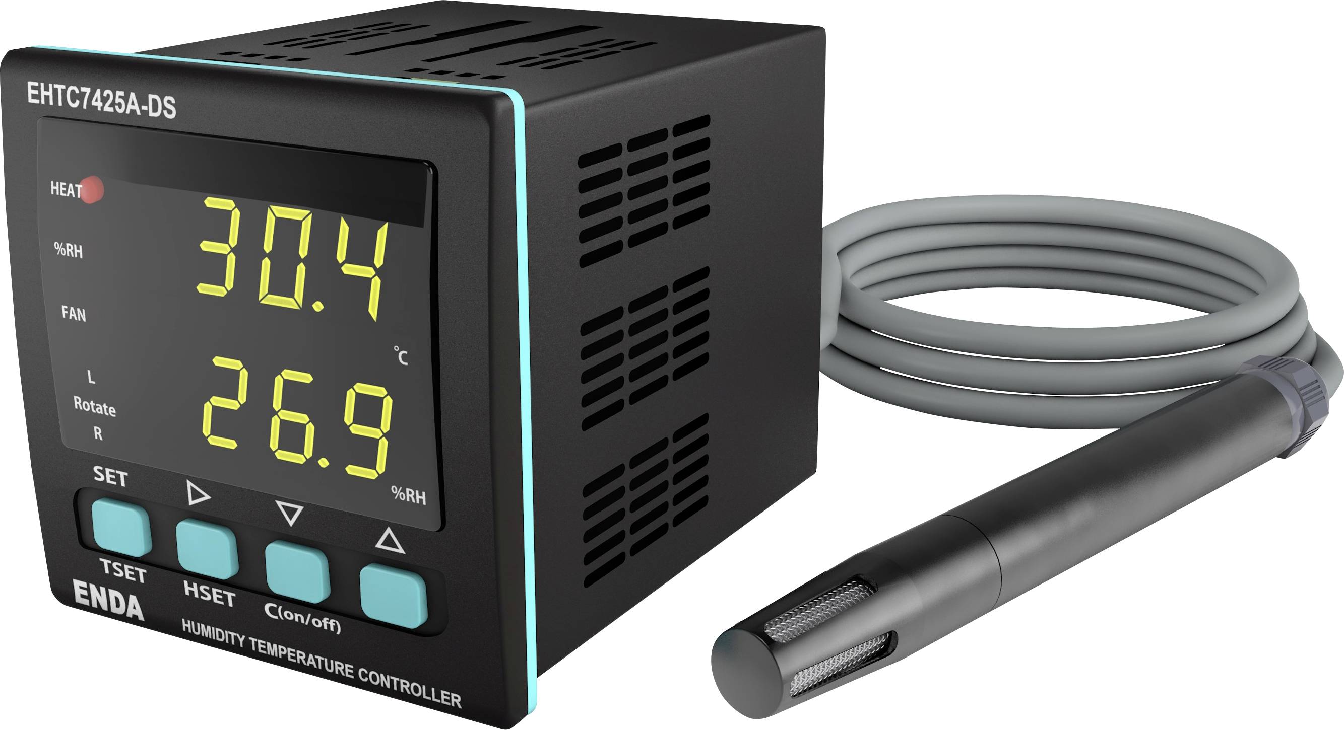 Régulateur de température et d'humidité avec affichage numérique indiquant une température de '30,4' et une humidité de '26,9'. Contient un capteur.