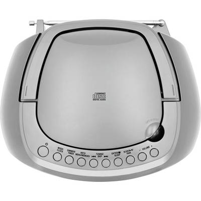 Lecteur CD avec affichage numérique et plusieurs touches de fonction pour horloge, menu, minuterie, sommeil et volume, vue de dessus.