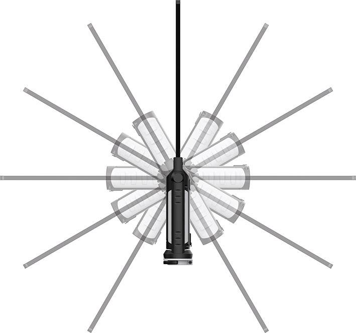 Lampadaire avec tête de lampe orientable, inclinable à différents angles, illustré visuellement par ordre décroissant.