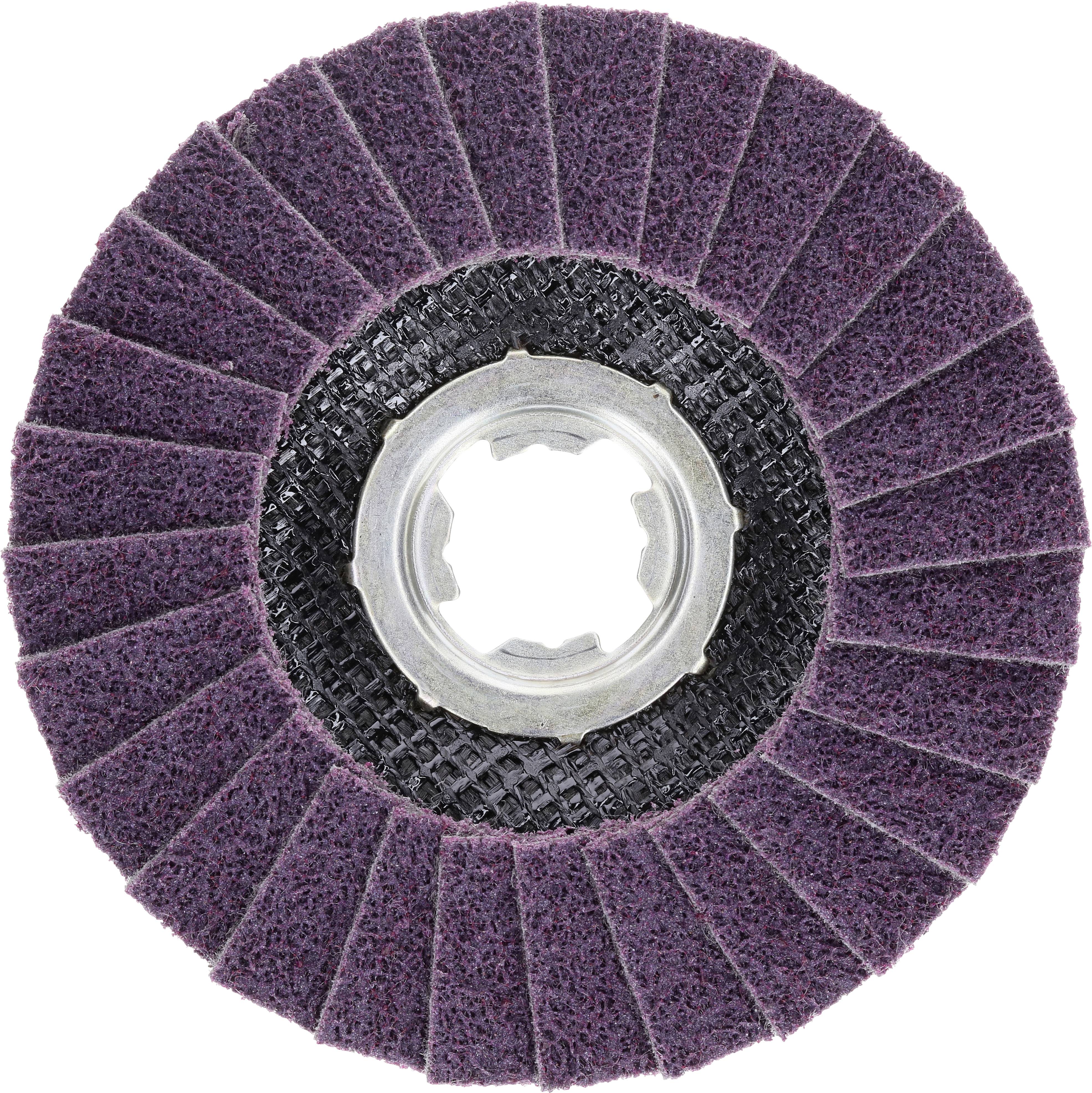 Un disque abrasif plat avec une surface rugueuse violette et un noyau métallique circulaire au centre.