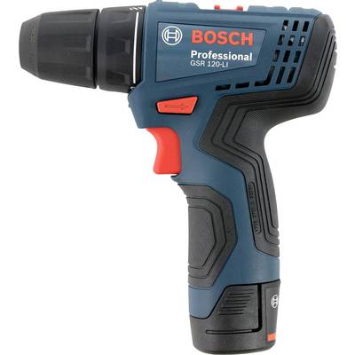 Un tournevis sans fil Bosch bleu avec un interrupteur rouge, modèle 'GSR 120-LI', est posé sur la droite.
