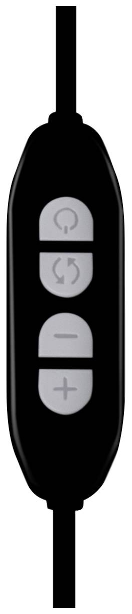 Télécommande noire avec trois touches : 'Marche/Arrêt', 'Flèche en cercle' et 'Plus'.