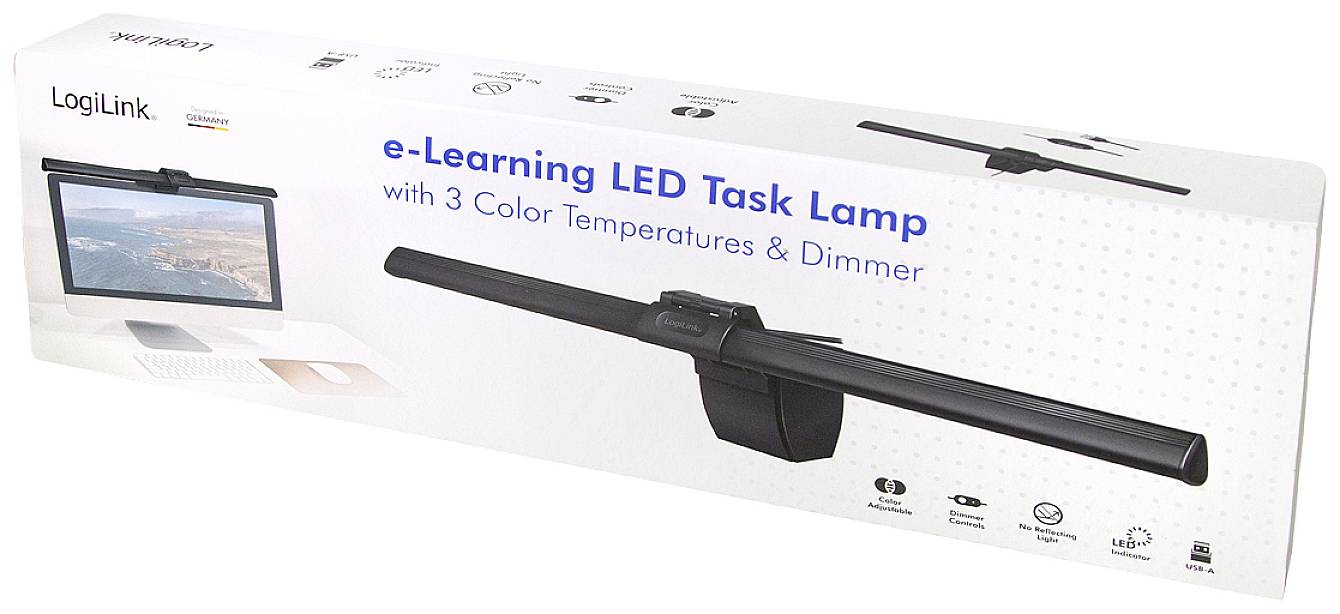 Emballage d'une lampe de tâche LED e-Learning de LogiLink, présentant une lampe LED. Fonctionnalités : 3 températures de couleur et variateur d'intensité.