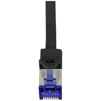 Un câble Ethernet noir avec une fiche RJ45 bleue est montré de face.