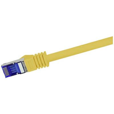 Câble Ethernet jaune avec connecteur bleu, utilisé pour la connexion réseau.