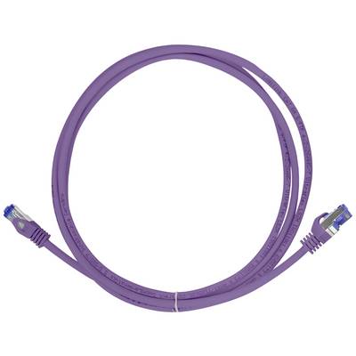 Câble Ethernet violet, enroulé en cercle, avec deux connecteurs RJ45 aux extrémités.