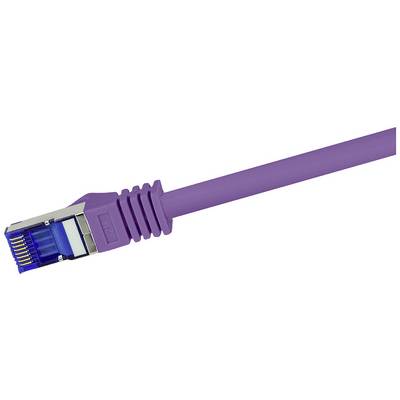 Un câble Ethernet violet avec des connecteurs métalliques, utilisé pour connecter du matériel réseau.