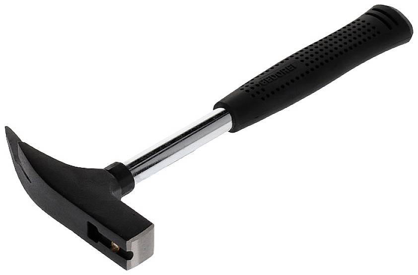 Un marteau de serrurier noir avec une poignée ergonomique antidérapante et un manche en argent.