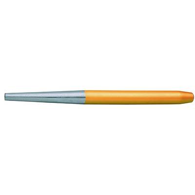 Un capuchon de stylo orange et bleu, orange à droite et bleu à gauche, sur un fond blanc.