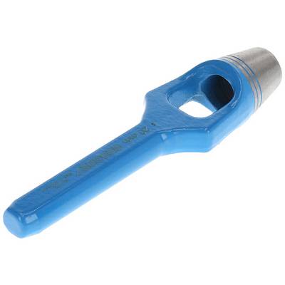 Un poinçon bleu à œillet, un outil métallique servant à perforer des trous dans des matériaux comme le cuir ou le tissu.