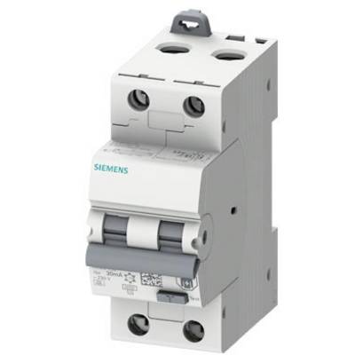 Un interrupteur différentiel Siemens avec deux interrupteurs, boîtier gris et marquage bleu, destiné à prévenir les accidents électriques.