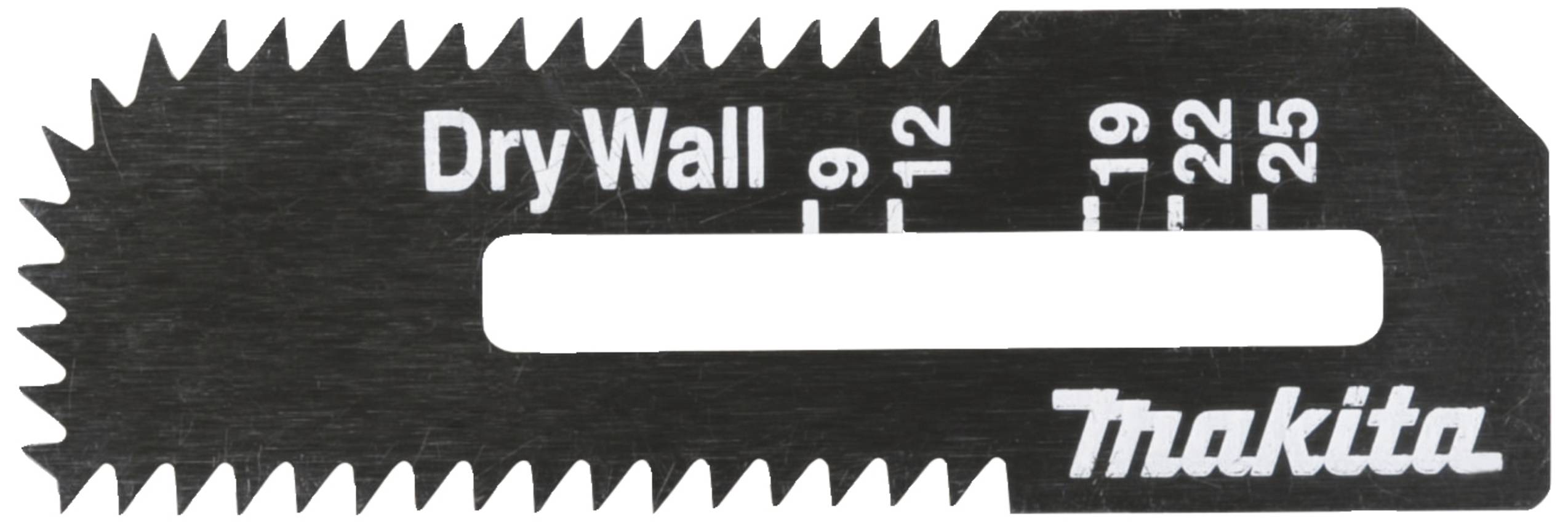 Lame de scie noire pour cloisons sèches. Inscriptions : 'DryWall', numéros de 9 à 25 pour indiquer la taille, nom de marque en bas à droite.