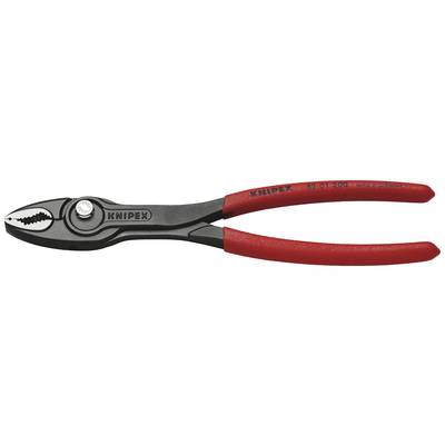 Une pince KNIPEX rouge, posée sur le côté, avec une poignée revêtue de noir et des surfaces de préhension dentelées.