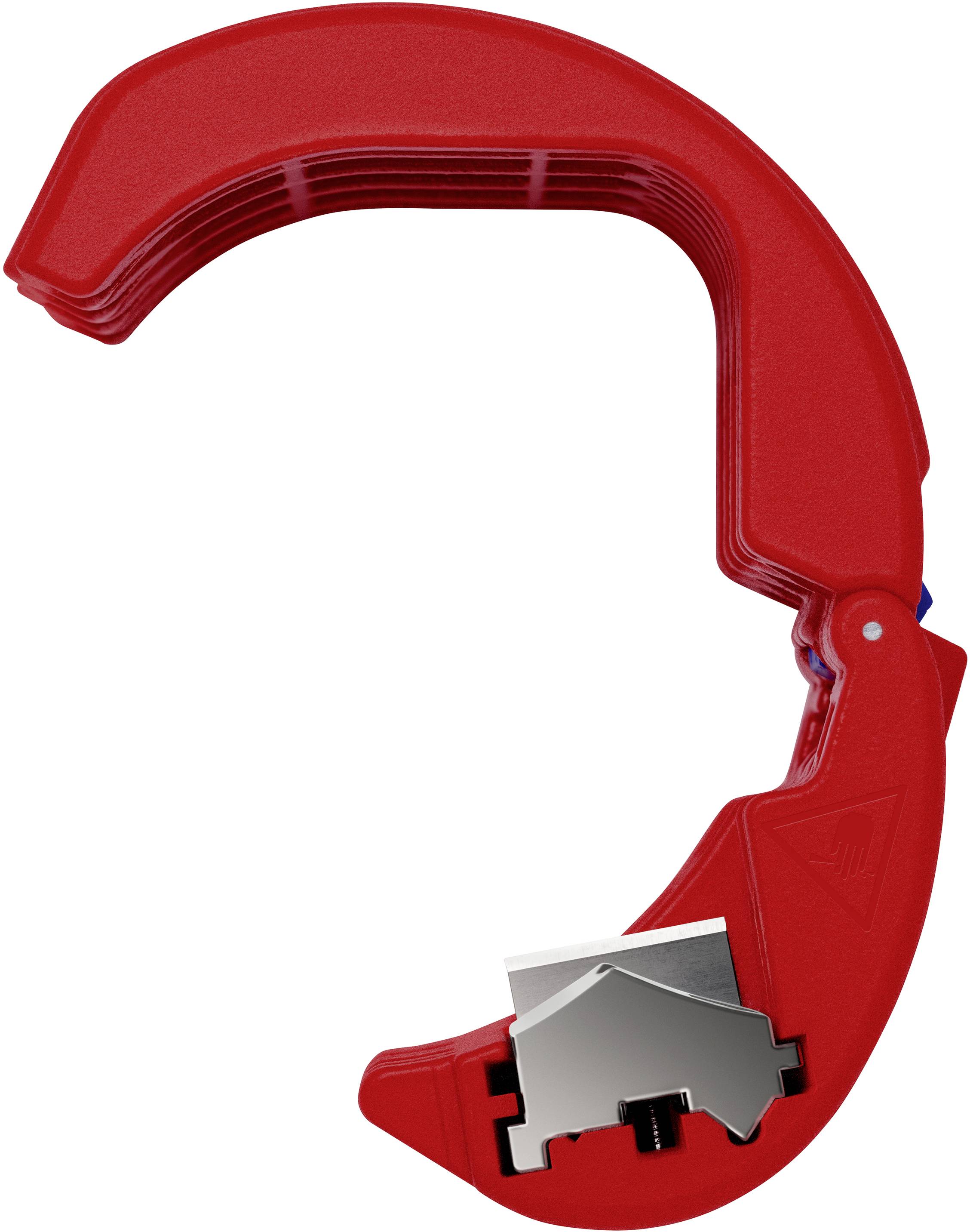 Un outil de coupe rouge à forme incurvée, conçu pour couper précisément des câbles ou des tubes, avec une lame visible.