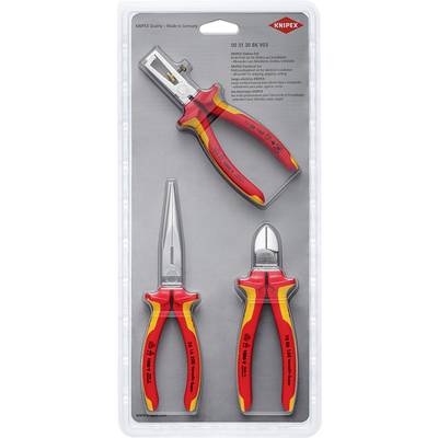 Emballage contenant trois pinces KNIPEX : pince à dénuder, pince plate à bec rond, pince coupante latérale. Poignées rouges avec des accents jaunes. Qualité « Fabriqué en Allemagne ».