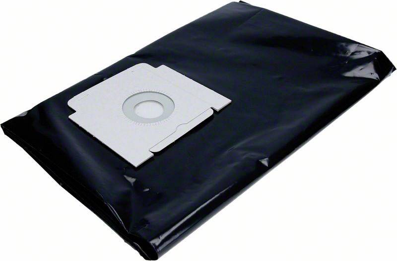 Un sac poubelle noir en plastique avec un filtre en papier blanc à l'intérieur.