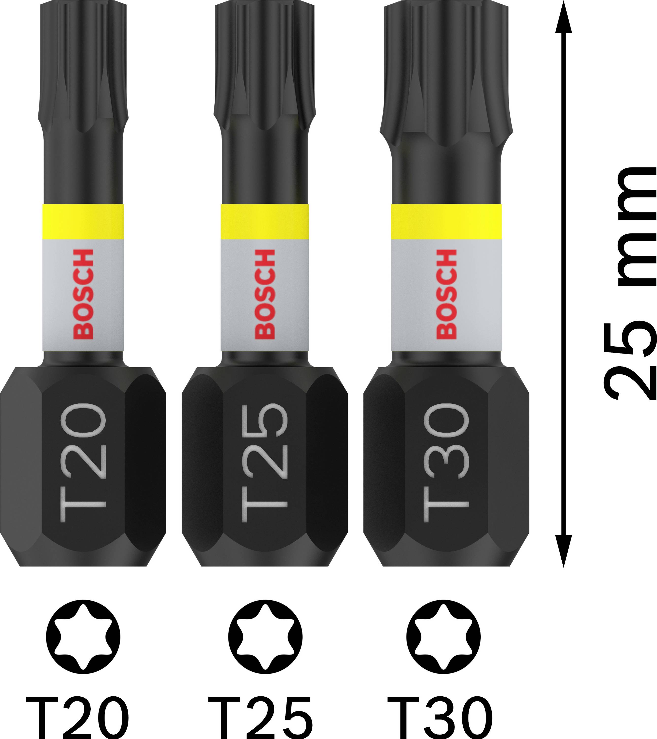 Trois embouts Torx (T20, T25, T30) de Bosch, chacun de 25 mm de long. En haut, on peut voir la marque avec une bande jaune. En dessous se trouvent des symboles.