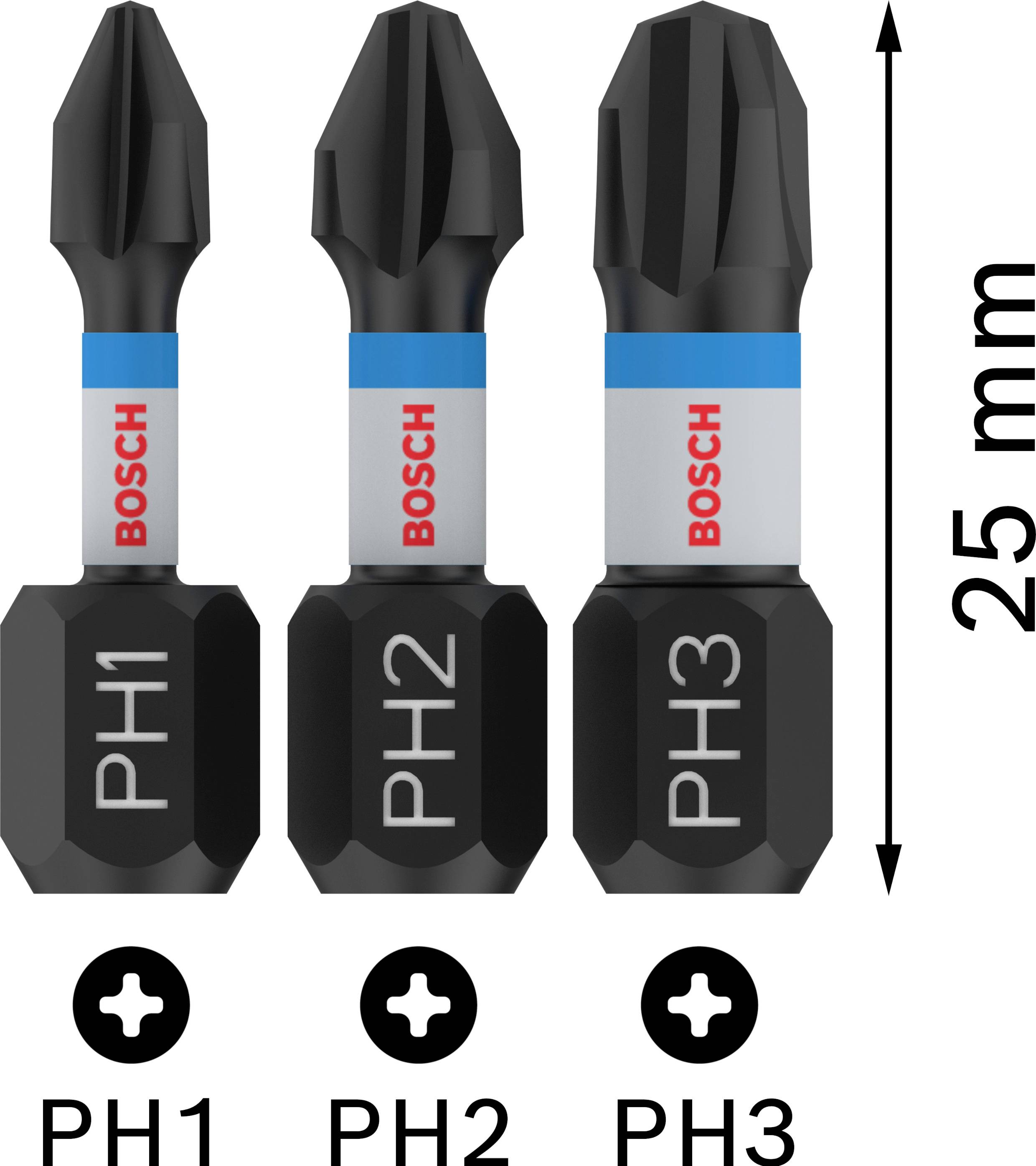 Trois embouts de tournevis Phillips noirs de tailles PH1, PH2 et PH3. Chacun mesure 25 mm de long. Nom de marque 'Bosch' sur chaque embout.