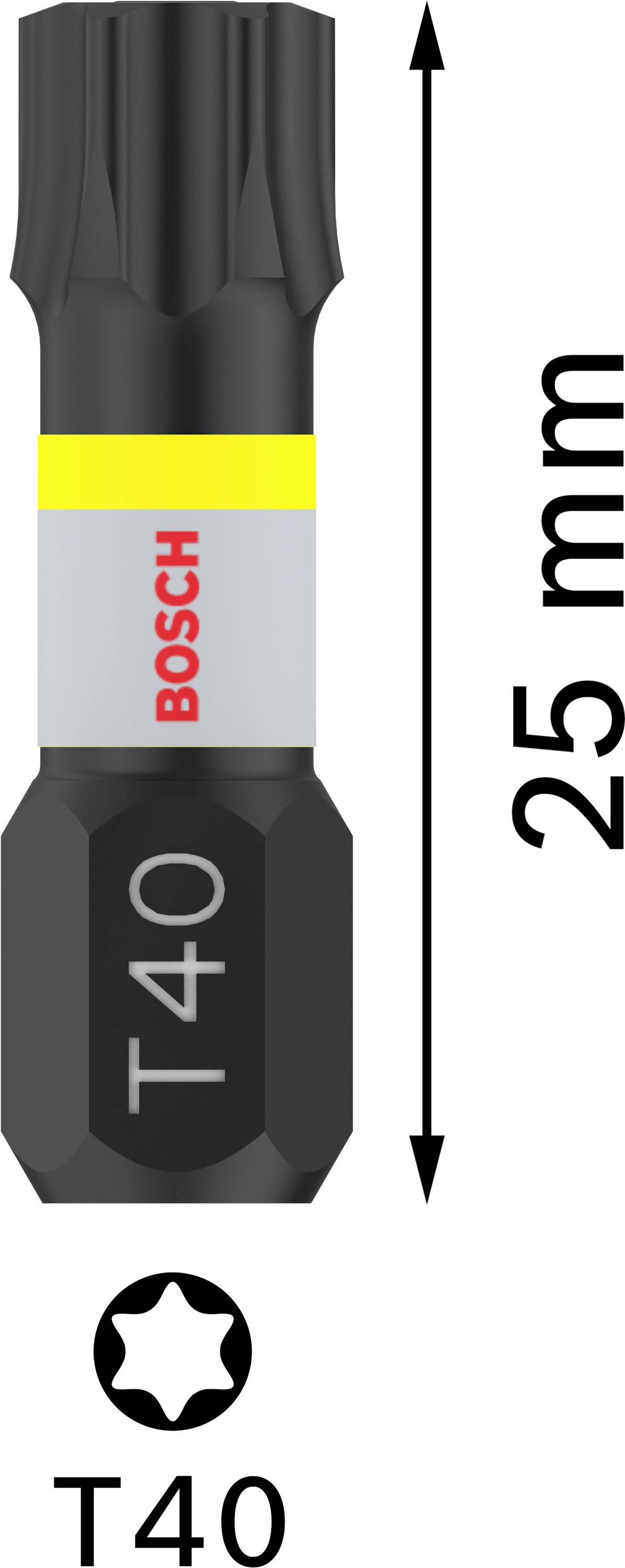 Embout de vissage BOSCH, modèle T40, longueur 25 mm. Forme hexagonale avec tête étoilée. Utilisé pour les travaux de vissage avec vis Torx.