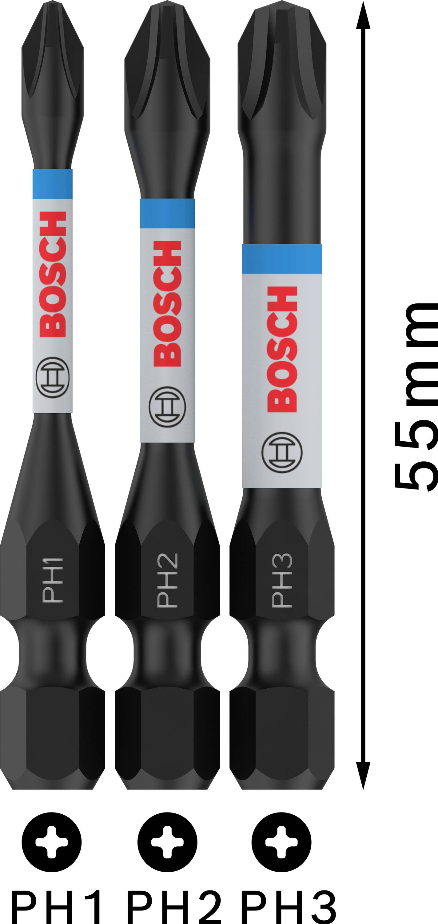 Trois embouts cruciformes Bosch, tailles PH1, PH2 et PH3, chacun de 55 mm de long.