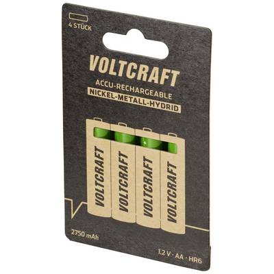 Emballage de quatre piles rechargeables Nickel-Métal Hydrure (NiMH) de marque Voltcraft, capacité de 2750 mAh, format AA.