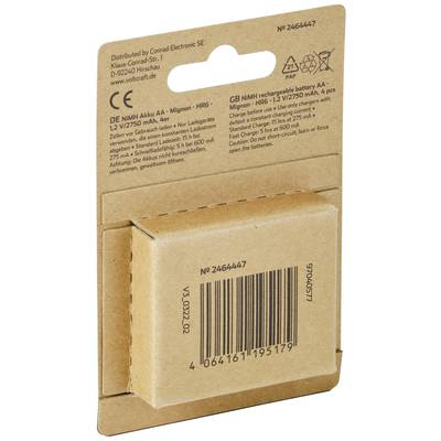 Paquet de 4 piles AA rechargeables. Contient des informations sur la tension, la capacité et le fabricant au dos.
