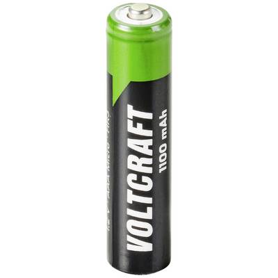 Piles AAA vertes et noires de marque Voltcraft, d'une capacité de 1100 mAh, disposées verticalement, adaptées aux appareils électriques.