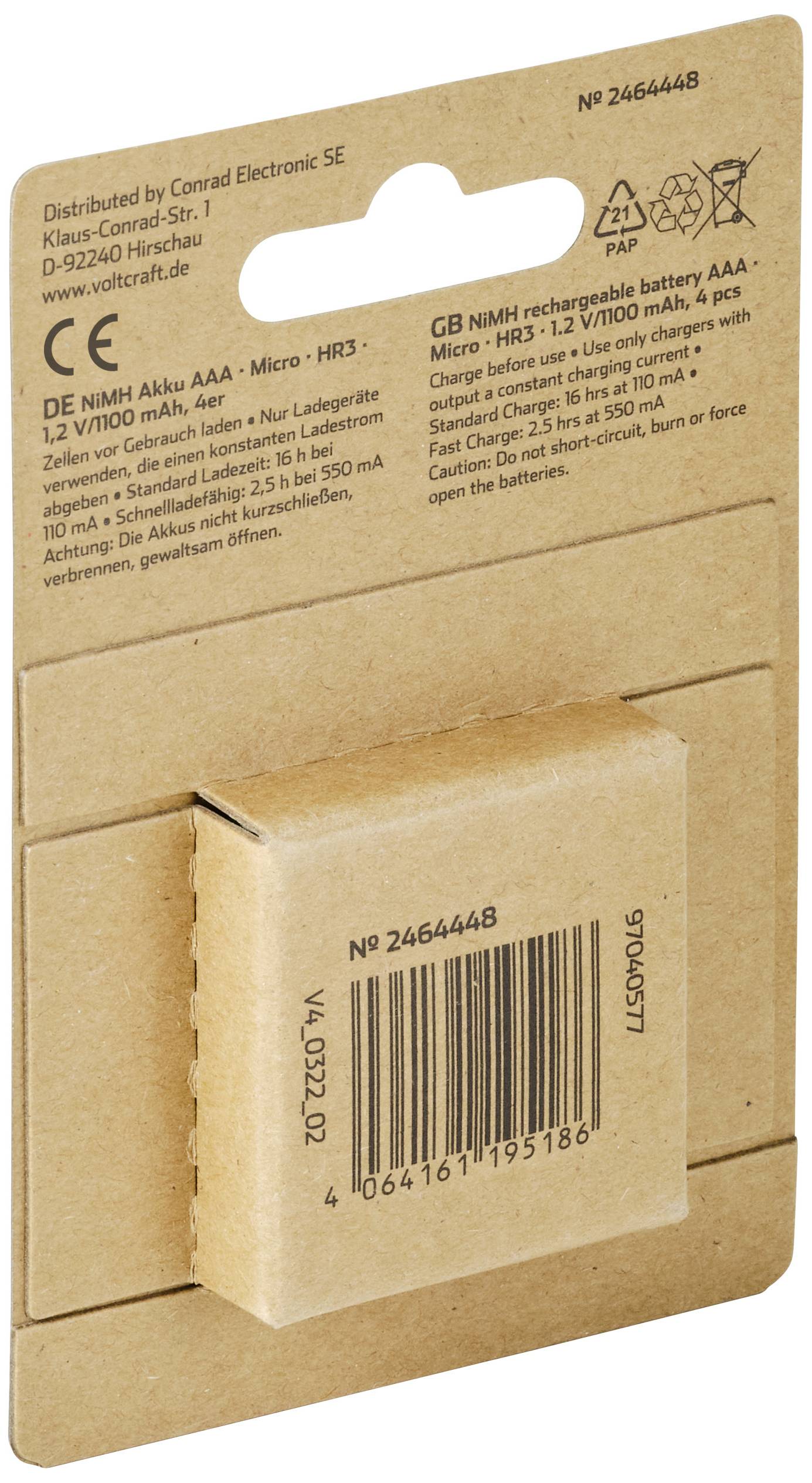 Un accumulateur Micro AAA NiMH rechargeable, emballé et distribué par Conrad Electronic SE, numéro d'article 2466448.