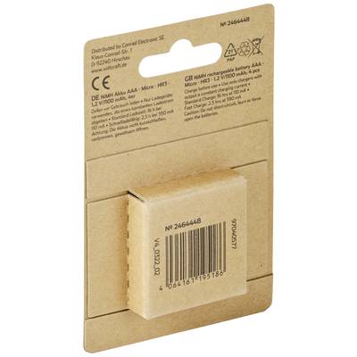 Un accumulateur Micro AAA NiMH rechargeable, emballé et distribué par Conrad Electronic SE, numéro d'article 2466448.