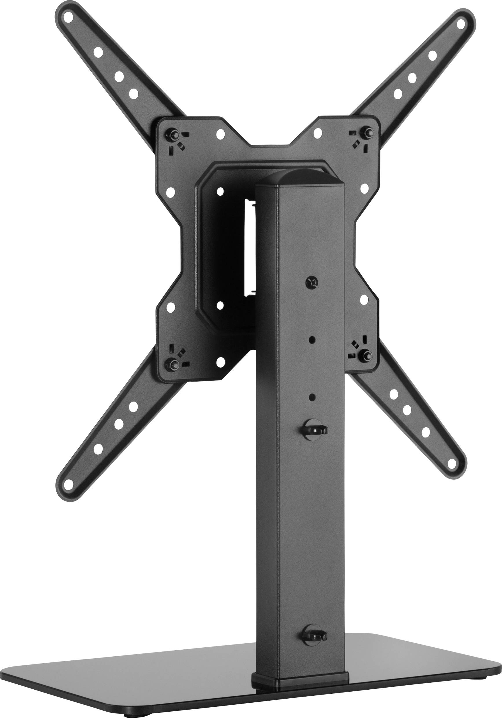 Un support de télévision noir avec un bras pivotant et réglable sur une base plate, adapté pour fixer des téléviseurs à écran plat.