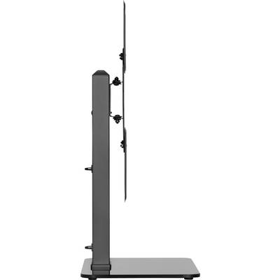 Vue latérale d'un support de moniteur élancé et noir. Le support maintient deux écrans superposés, adapté aux environnements de bureau.
