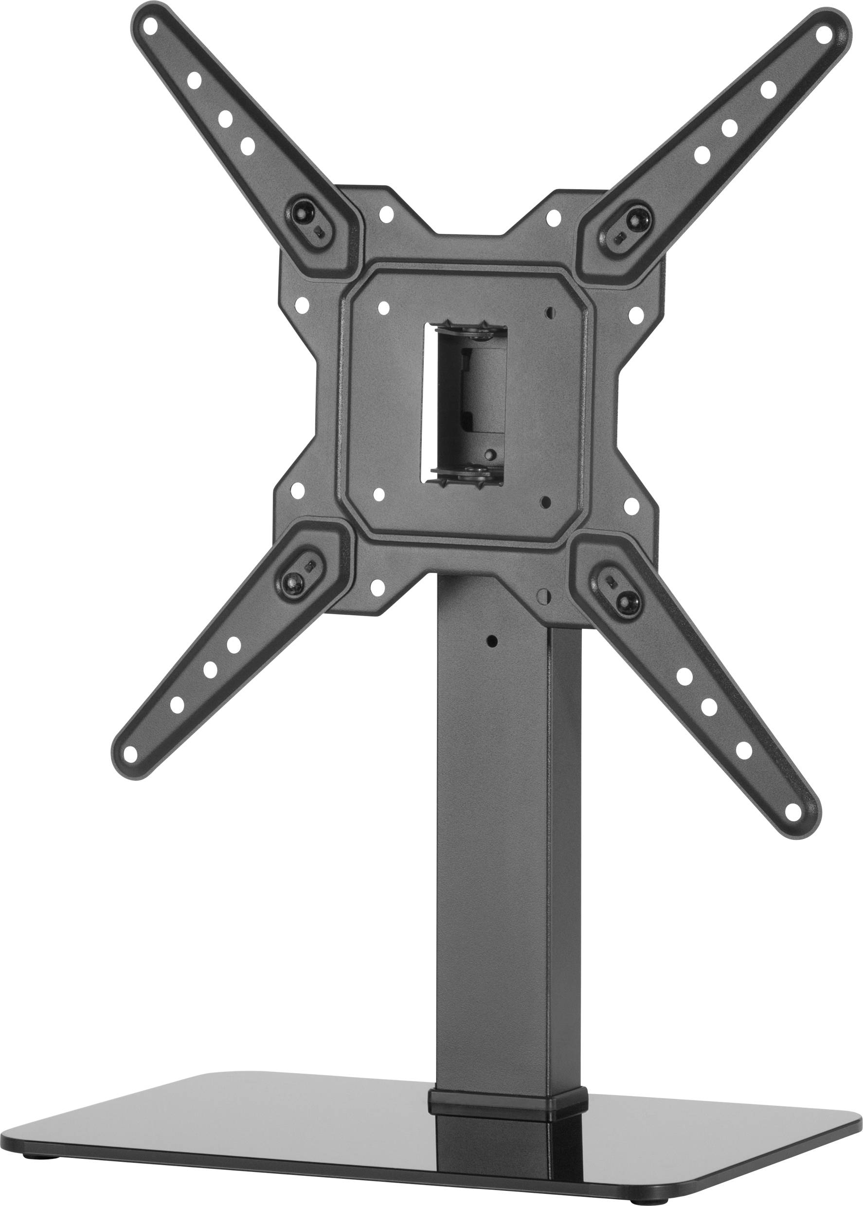 Support TV noir avec bras ajustable. Adapté à différentes tailles d'écran. Sur socle rectangulaire autoportant.