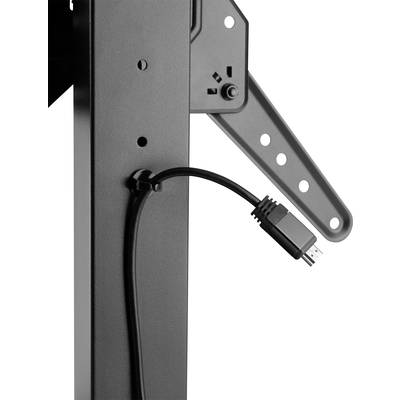 Un support métallique noir avec un bras fixé montre un câble passé à travers, équipé d'une prise HDMI pour connecter des appareils.
