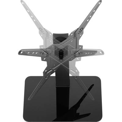 Un support de télévision pivotant avec des bras réglables, monté sur une base rectangulaire et réfléchissante. Idéal pour la fixation de la télévision.