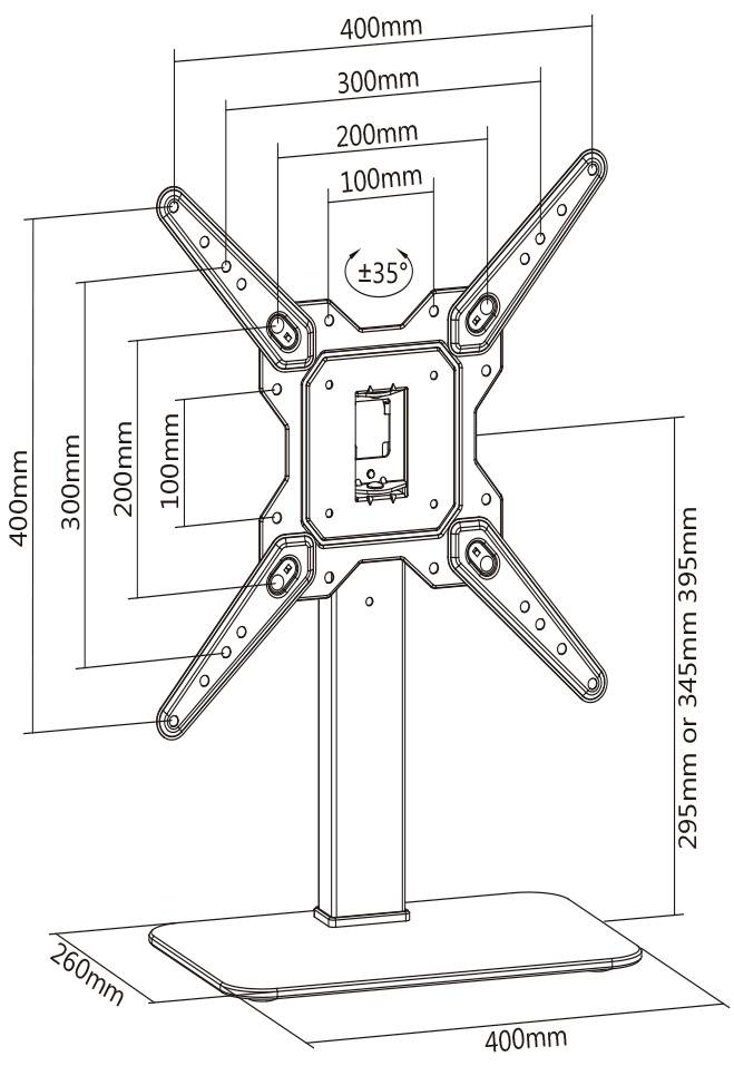 Dessin technique d'un support TV réglable avec des dimensions détaillées en millimètres pour différentes parties du support.