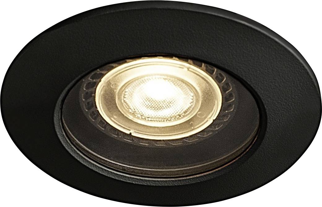 Un luminaire encastré rond noir avec module LED visible ; éclairage blanc chaud.
