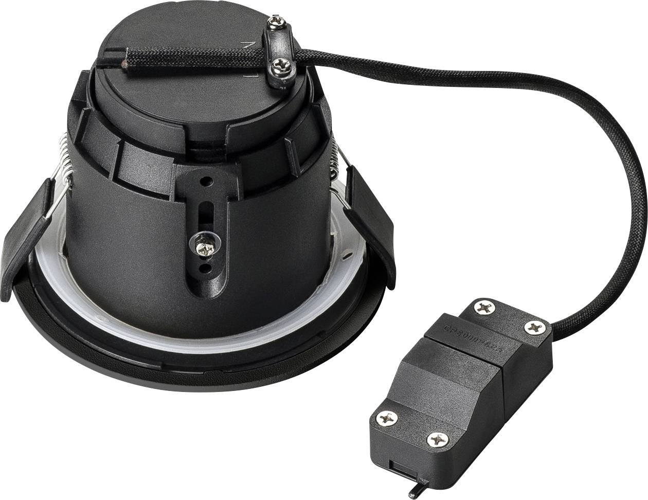 Lampe LED encastrable noire avec un câble de raccordement et des clips de fixation latéraux, adaptée pour une installation au plafond.