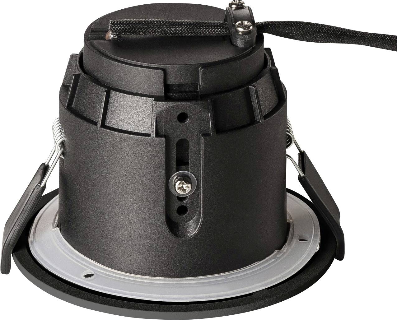 Spot encastrable noir et rond, équipé de clips ajustables et d'une entrée de câble, adapté pour une installation au plafond.